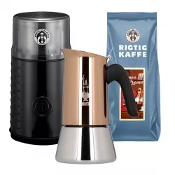 Bialetti New Venus 4 Kop. Espressokande Inkl. Kaffemølle & 500g Super Crema