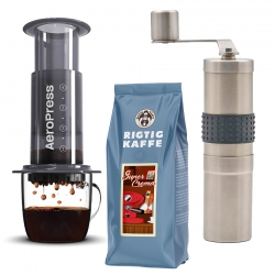 AeroPress Rejsebrygger Inkl. Rhinowares Kaffekværn & 500g Super Crema