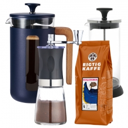 La Cafetière Pisa 8 Kop. Stempelkande Navy Inkl. Kaffemølle, Mælkeskummer & 400g Kaffe