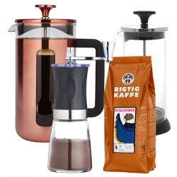 La Cafetière Pisa 8 Kop. Stempelkande Kobber Inkl. Kaffemølle, Mælkeskummer & 400g Kaffe