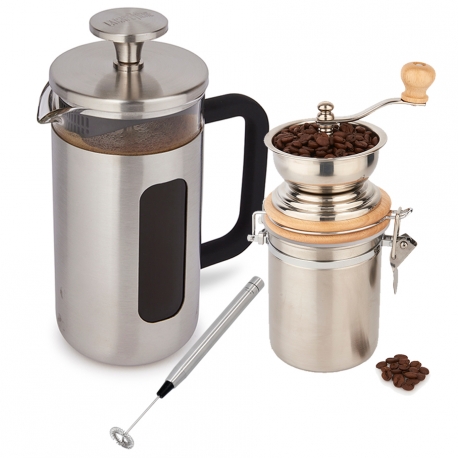 La Cafetière Pisa 3 Kop. Stempelkande Rustfrit Stål, Kaffemølle og mælkeskummer