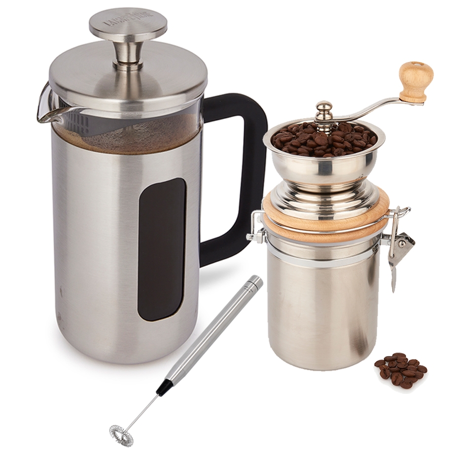 La Cafetière Pisa 8-kop Presskanna Rostfritt Stål, Kaffekvarn och Mjölkskummare