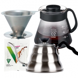 Hario Filterbryggningsset Inkl. V60 Vattenkokare Buono 100 1L, Dripper 2 Kopp, V60 Server & Filter