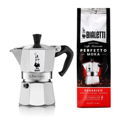 Bialetti Moka Express 3 Kop. Espressokande Alu Inkl. Bialetti Perfetto Moka Classico Malet kaffe 250g