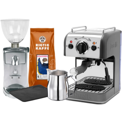 Dualit 3 in 1 Espressomaskine Inkl. Ascaso i-Mini  I2 Espressokværn, Mælkekande, Stampemåtte & Kaffe