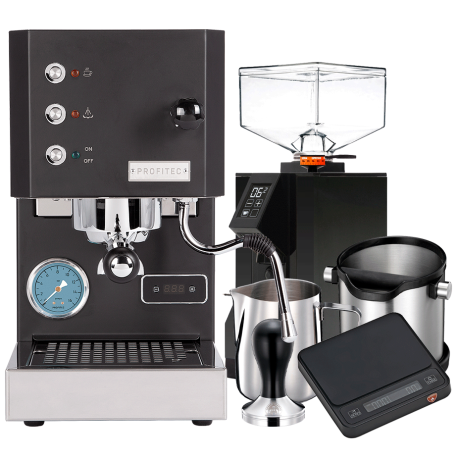 Profitec GO Matt Svart Espressomaskin Inkl. Eureka Mignon Bravo Espressokvarn, Kaffevåg & Baristautrustning