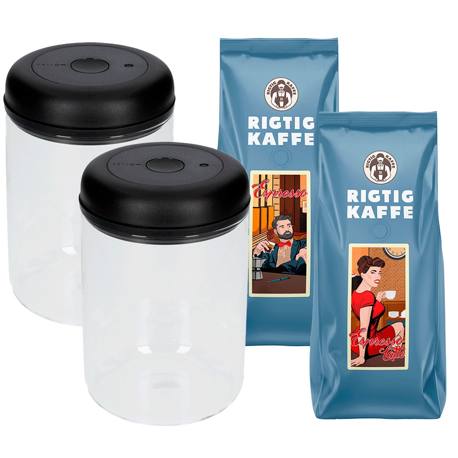 Fellow Atmos Vakuum Kaffebehållare 1,2 L 2 st Inkl. 2x500g Rigtig Kaffe Espresso & Espresso Latte